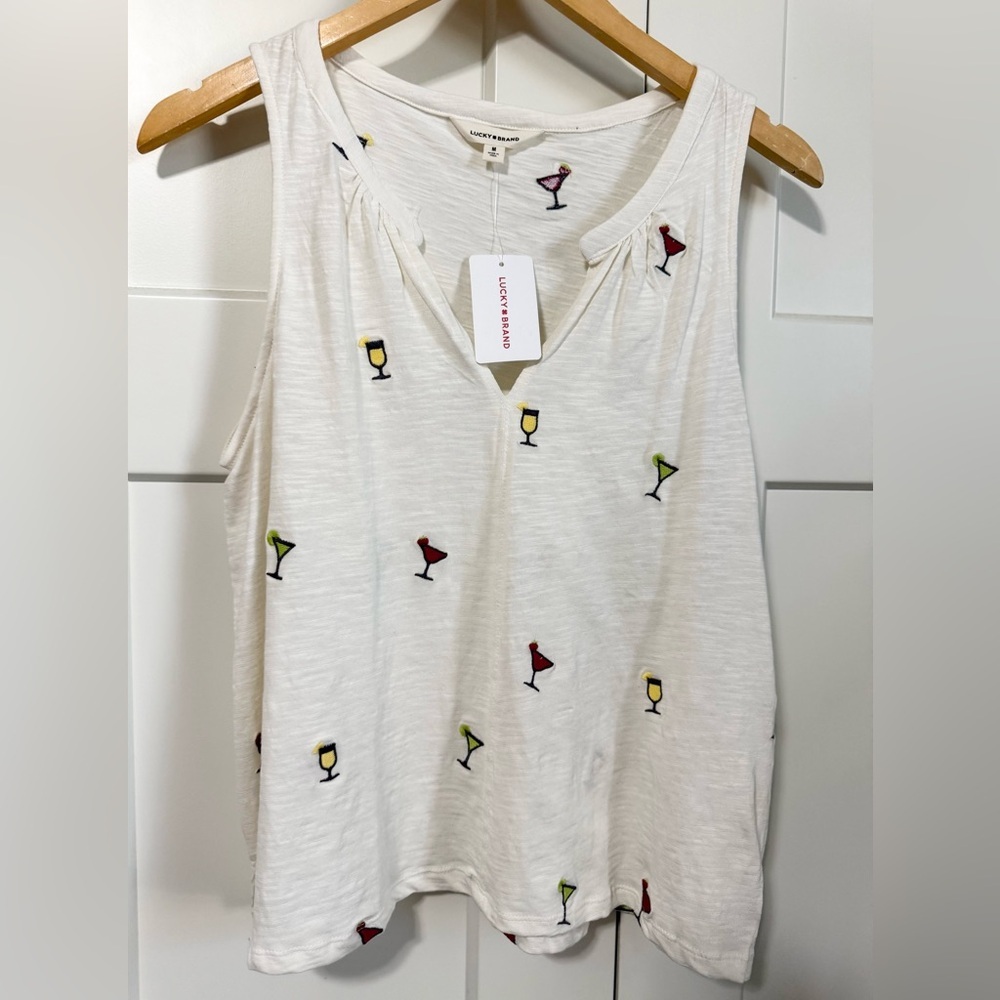 Lucky Brand White Tank Top Multicolor Cocktail Martini Embroidery NWT Medium